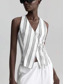 Ontre Nuovo completo da donna 2025, gilet a righe, stile vacanziero, silhouette aderente, design con cintura in vita, con bottoni a conchiglia, giacca sottile, abbigliamento primavera/estate, per uso quotidiano