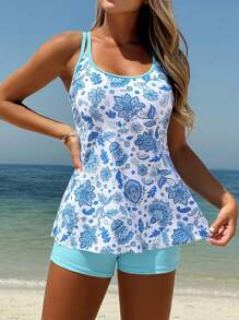 Swim Lushoire Summer New Random Printed Adjustable Straps & High Waist Bottoms Women Beach Swimsuit Set - Blue - View 1