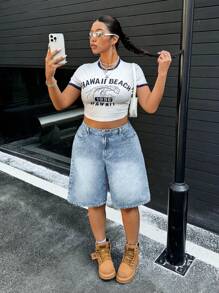 SHEIN ICON Quần short denim ống đứng không co giãn, giản dị, mùa hè dành cho nam/nữ - Rửa nhẹ - Xem 4