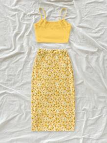 Soleia Set de 2 piezas Top de tirantes de unicolor y falda para mujer