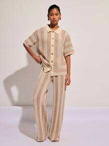 COSMINA Women Striped Print Button Front Casual Short Sleeve Sweater,Knitted Sweater - Multicolor - View 6