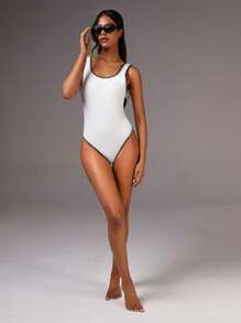 Athîral Body de verano ajustado de cuello redondo con ribete de contraste para mujer, color blanco - Blanco - Ver 3