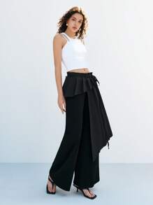 LYSMO Women's Elegant Black Polyester Asymmetrical High-Waisted Flared Leg Pants Skirt With Zipper Detail - Black - View 8