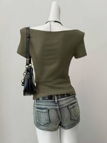 SHEIN EZwear Summer Western Wear Women Tops  Knit Women's Fitted Short Sleeve One Shoulder