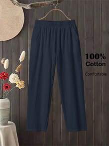 Rusticease 大码女式休闲纯色松紧腰斜口袋裤