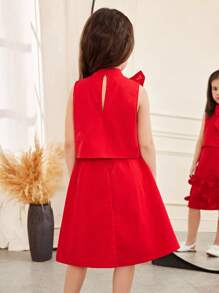 SHEIN 2pcs Young Girl Set: Simple Comfortable Round Neck Sleeveless Top With 3D Bow Decoration And Skirt - Red - View 6