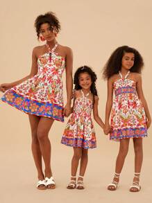 Travachic Mother's Day Women's White Floral Tropical Printed Halter Mini Dress,Mother And Daughter Summer Boho Vacation Holiday Casual Beach Outfits Festival - Multicolor - View 1