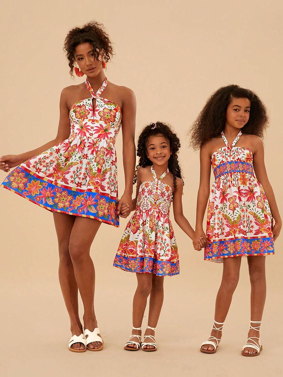 Travachic Mother's Day Women's White Floral Tropical Printed Halter Mini Dress,Mother And Daughter Summer Boho Vacation Holiday Casual Beach Outfits Festival - Multicolor - View 1