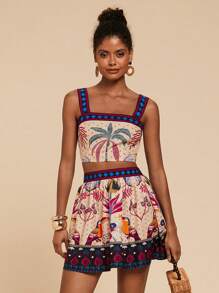 Travachic 2pcs/Set Women's Cami Summer Tops And Mini Skirt Set, Minimalist Fashion Style For Summer,Tropical Vacation Women Clothes,Summer Outfits For Women