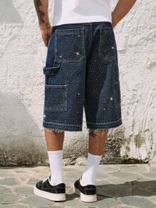 ROMWE MEN ROMWE Avant Men's Loose Fit Sparkling Diamond Decoration Denim Shorts - Blue - View 3