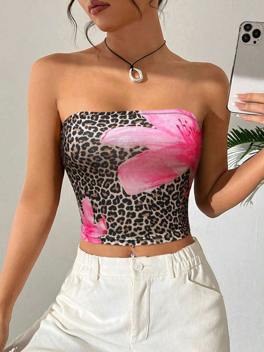 SHEIN Unity Women's Summer Vacation Leopard Print Bandeau Top - Multicolor - View 1