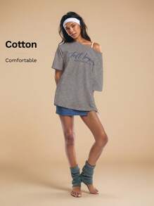 Athîral Women Letter Print Asymmetric Neck Short Sleeve Loose Casual T-Shirt