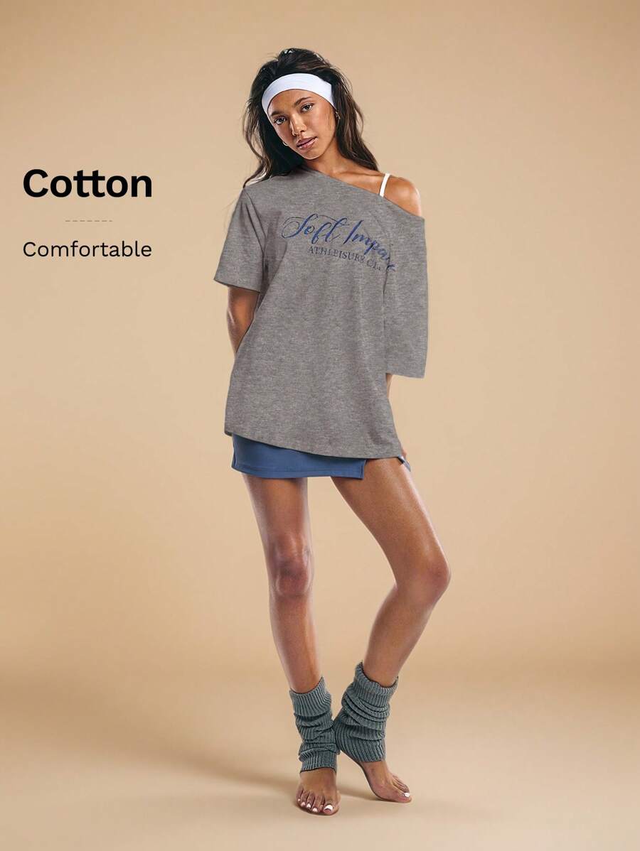 Athîral Women Letter Print Asymmetric Neck Short Sleeve Loose Casual T-Shirt