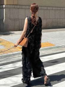 FRIFUL Women's Black V-Neck Sleeveless Jumpsuit With Tassels, Summer Outfit Women Rompers - Black - View 5