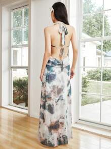 Celisse Damen Mesh- & Blume Muster Neckholder Rückenfrei Mini-Kleid