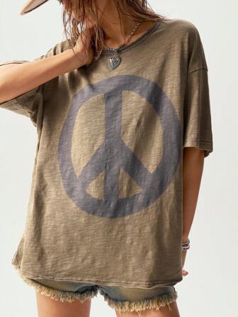 Bohemela Plain Knit Loose Fit Crew Neck Short Sleeve Plus Size T-Shirt,Vintage