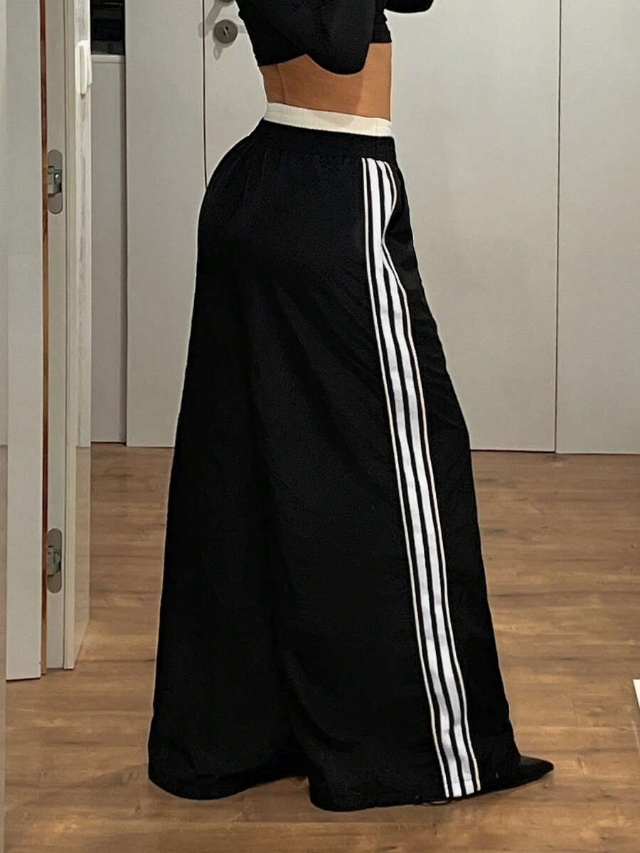 SHEIN ICON Women Y2K Chic Black Casual Street American Side Stripe Wide Leg Pants - Black - View 1