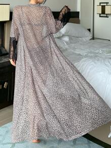 DAZY See-Through Leopard Print Full Pattern Mesh Lace Splice Loose Long Women Sleepwear Pajama - Brown - View 2