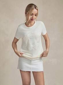 SHEIN Wildara Áo thun tay ngắn thêu hoa sequin giản dị cho nữ, mùa hè - màu đen - Xem 2