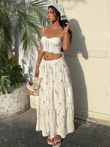 Muchica Falda casual con estampado floral, volantes y cordón en la cintura para vacaciones