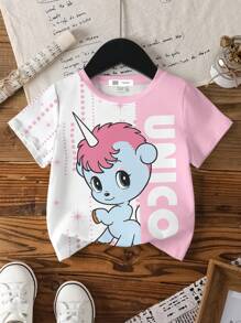 Unico X SHEIN Young Girl Colorblock Cartoon Graphic Round Neck Short Sleeve T-Shirt, Summer