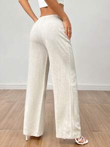 SHEIN PETITE CURVE Pantalones rectos de unicolor con cordón, informales, talla grande, para verano - Albaricoque - Ver 2