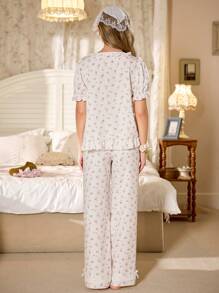 CottageSlumber Conjunto de pijama para mujer con cuello redondo, manga corta con volantes y pantalones estilo romántico con estampado floral pequeño para la temporada de vacaciones