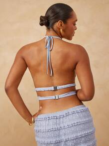 L'Amorae Plus Elegant Shirred Lace Ruffle Detail Halter Open Back Top - Blue - View 2