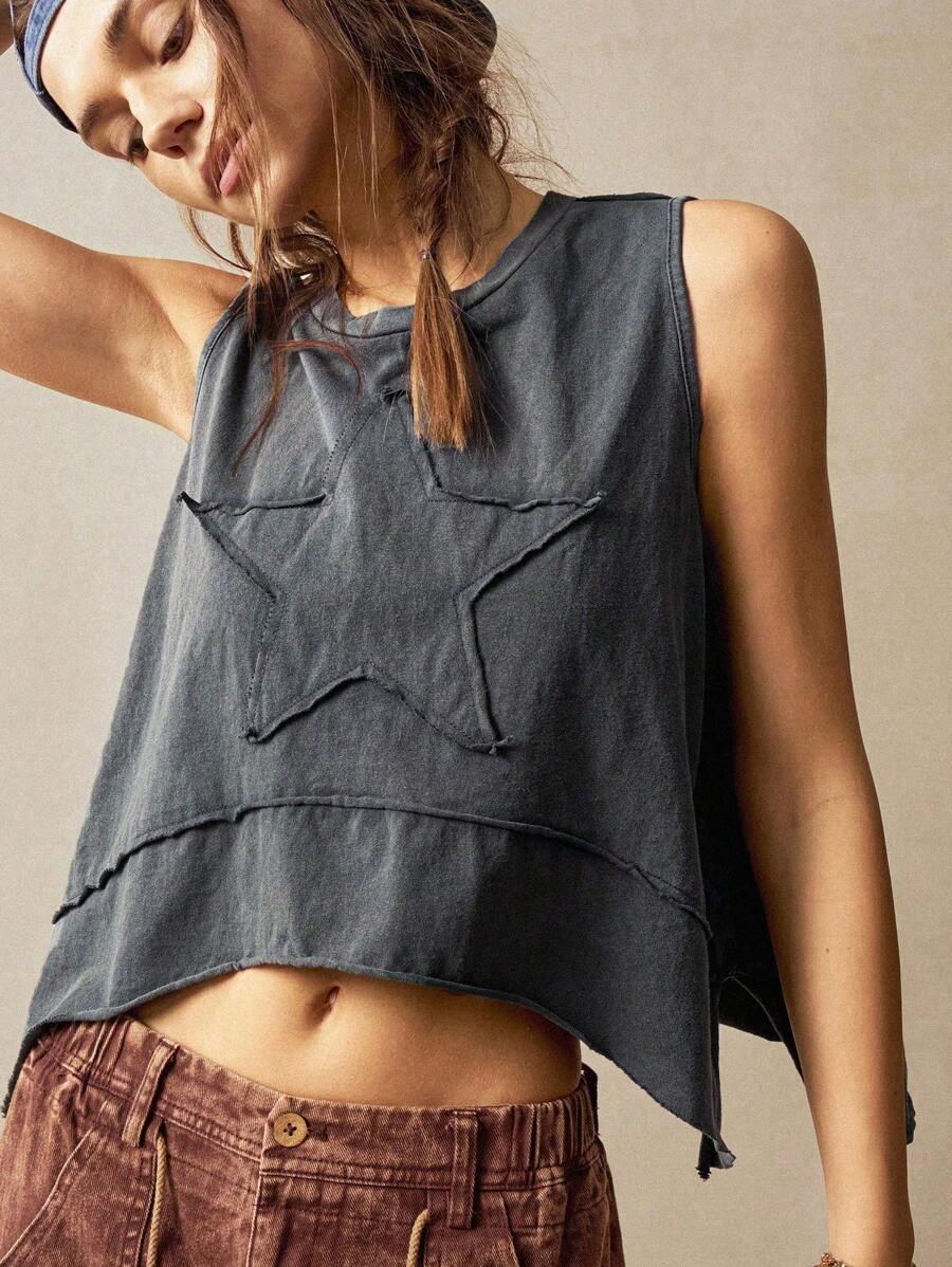 Bohemela Áo thun nữ cổ tròn không tay màu trơn đơn giản rộng rãi viền bất đối xứng thêu hình ngôi sao năm cánh - màu đen - Xem 1