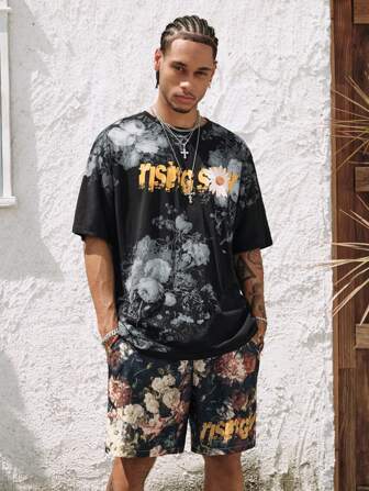 Street Life Ensemble t-shirt casual à manches courtes col rond avec imprimé lettres et fleurs et shorts pour hommes