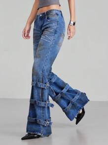 LYSMO Jeans casual a zampa con tasche e design con fibbia regolabile per donna