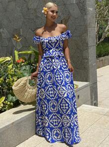 Livesso 夏季新款瓷器印花露肩海滩度假风女式长裙 - 藍色 - 查看 6