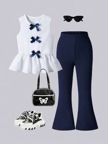 SHEIN 2pcs/Set Girls Casual Elegant City Commuting Bow Decor Sleeveless Top & Fitted Flare Pants Knitted Set