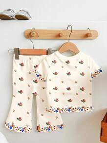 SHEIN Cute Colorful Floral Baby Girl Casual Crew Neck Short Sleeve T-Shirt And Flared Pants Set, Suitable For Spring & Summer - Multicolor - View 2