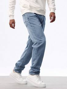 Manfinity Homme Men's Casual Straight Loose Fit Pockets Jeans, Versatile Jeans For Men - Medium Wash - View 3