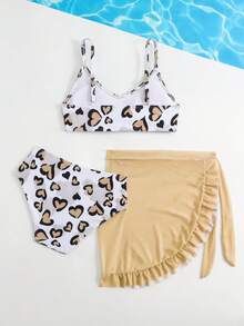 Tween Girl Vacation Beach Heart Print Swimsuit Set Tweens Cheetah Print Bathing Suits 3pcs Set Bikini With Sarong Skirt Cheetah Print Bikini Swimsuits For Teen Girls Two Piece Swimsuits For Teenagers - Khaki - View 2