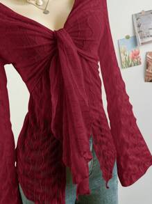 Soleia V 领系带喇叭袖纹理面料长袖衬衫，适合度假休闲 - 酒紅色 - 查看 6