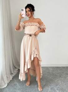 Rafferiza Fashion New Solid Color Off Shoulder Ruffle Hem Elastic Waist Dress For Women