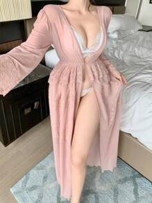 DAZY Romantic Sheer Mesh & Lace Ruffle Trim Waist Cinched Ladies' Sleepwear Pajama - Pink - View 3