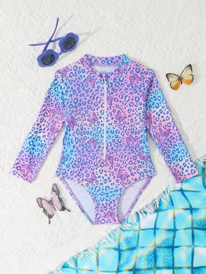 SHEIN Bộ đồ bơi liền thân dài tay chất lượng cao dành cho bé gái, phù hợp đi biển, nghỉ dưỡng và suối nước nóng