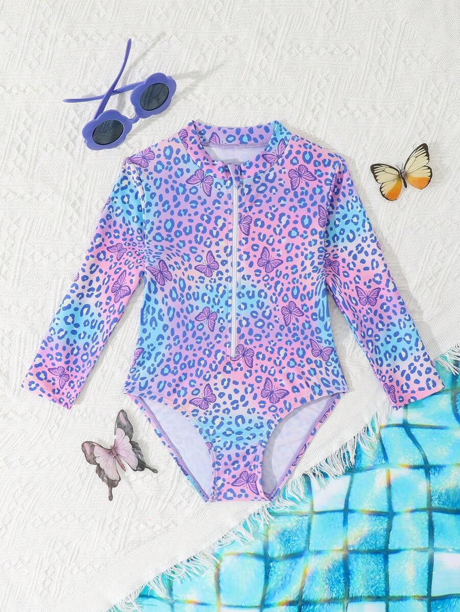 SHEIN Young Girl Cute Colorful Leopard Print Zip-Front Long Sleeve One-Piece Swimsuit,Suitable For Swimming, Surfing, Beach, Water Park In Summer Summer Holiday - Multicolor - View 1