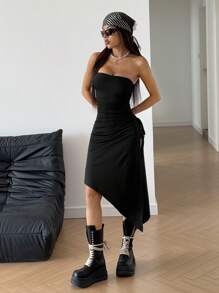 StreetHx Abito estivo da donna con orlo asimmetrico, in tinta unita, con laccio laterale e bandeau