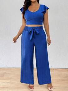 SHEIN PETITE مجموعة بحجم كبير ملابس علوية بحمالات من الكشكشة وبنطال ضيق، قطعتان - الأزرق - مشاهدة 5