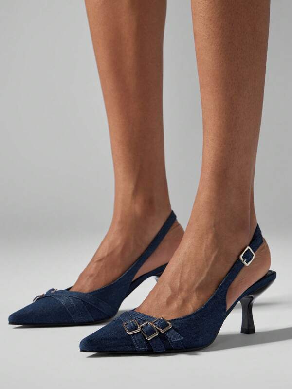 MISSGUIDED Élégantes Escarpins à bride arrière et talon Kitten avec détail à triple boucle, orteil pointu, tenue de travail professionnelle pour le printemps, l'été et l'automne