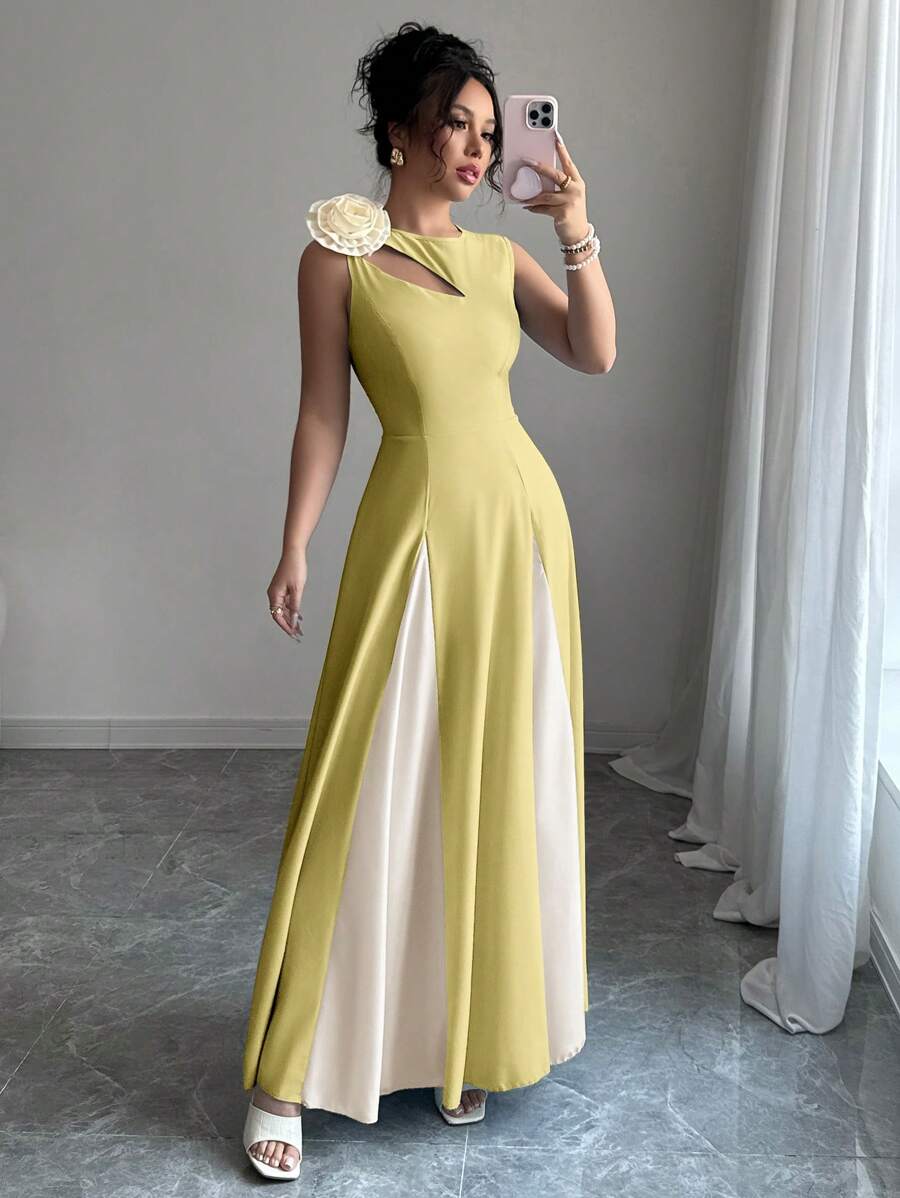 Modelyn 女式梭织双色拼布3D花卉无袖镂空不对称下摆连衣裙 - 黃色 - 查看 1