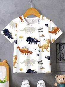 SHEIN 男童休闲经典可爱卡通恐龙印花圆领短袖T恤，适合夏季 - 彩色 - 查看 3