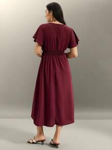 Flouryn Plus Size Women Summer Solid Color Overlapping V-Neck Short Sleeve High-Low Hem Elegant Dress, For Christmas Burgundy Maxi Women Outfit - Burgundy - View 2