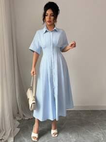 Selianne Elegant Collared Short Sleeve Button Down Waist Striped Spring/Summer Dress - Blue - View 3