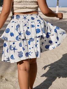 SHEIN EZwear Plus Size Women Summer Holiday Ruffled Tiered A-Line Woven Fabric Comfortable Drawstring Waist Solid Color High Waist A-Line Mini Skirt