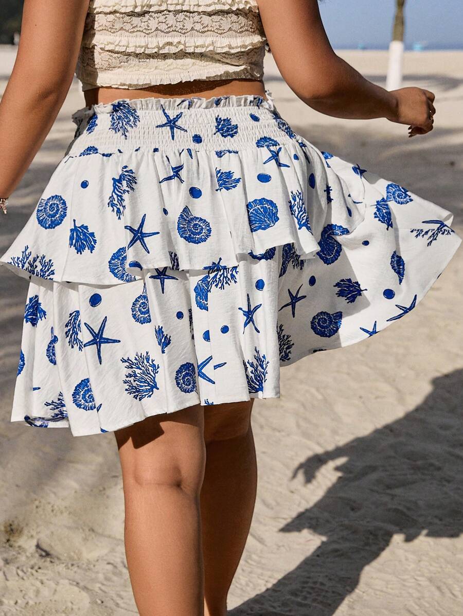 SHEIN EZwear Plus Size Women Summer Holiday Ruffled Tiered A-Line Woven Fabric Comfortable Drawstring Waist Solid Color High Waist A-Line Mini Skirt